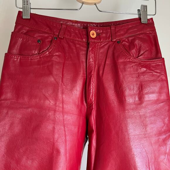 Vintage Straight Leg Red Leather Pants‎ Biker Moto Maximalist Unique Size 27 - Picture 4 of 10